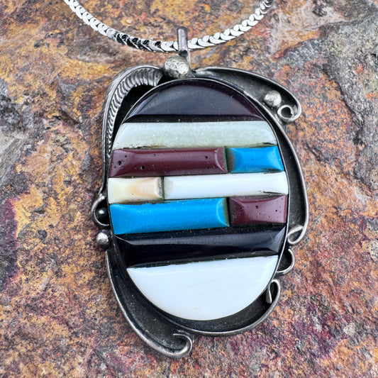 Vintage Multi-Stone Inlay Pendant - Black Onyx Turquoise Shell - Estate