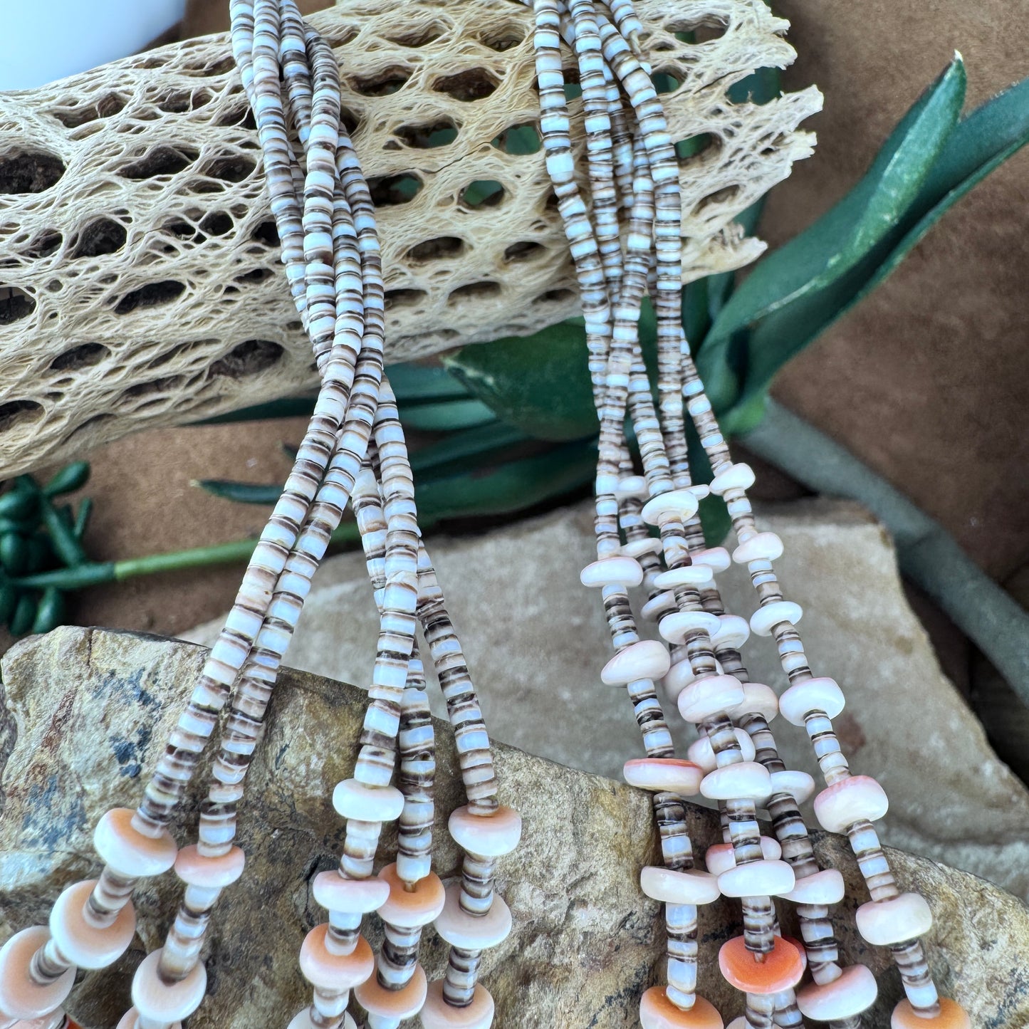 Vintage - Five-Strand Heishi Shell and Spiny Oyster Necklace - 36 Inches - Estate