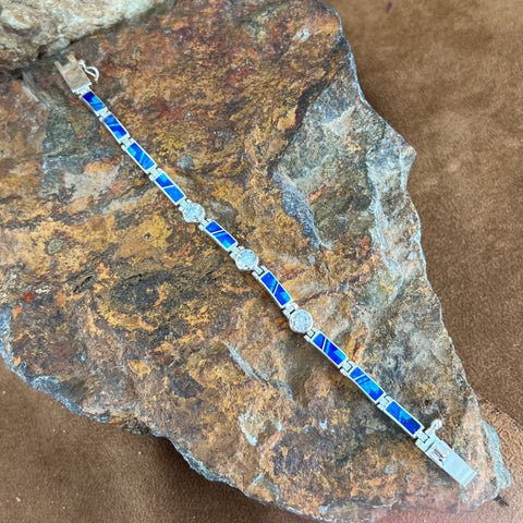 David Rosales Blue Sky Inlaid Sterling Silver Link Bracelet w/ CZ