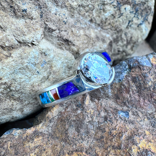 David Rosales Indian Summer Inlaid Sterling Silver Ring w/ Cubic Zirconia