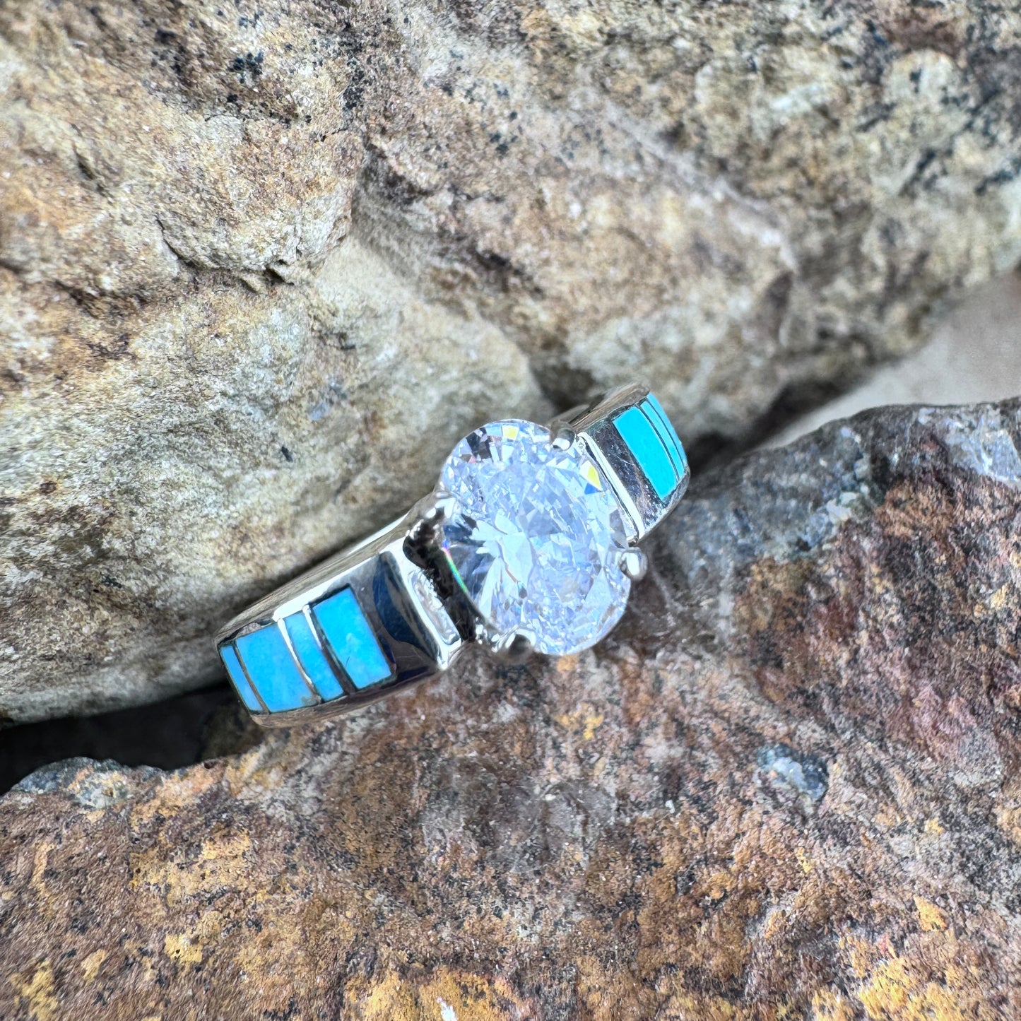 David Rosales Arizona Blue Inlaid Sterling Silver Ring w/ Cubic Zirconia