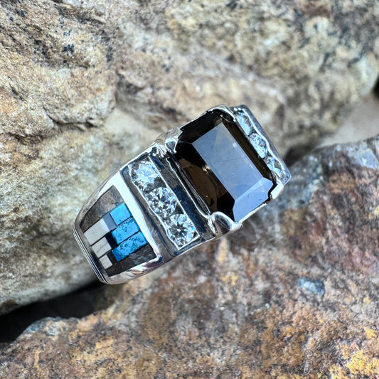 David Rosales Iron Spirit Inlaid Sterling Silver Ring w/ Smoky Topaz & Cubic Zirconia