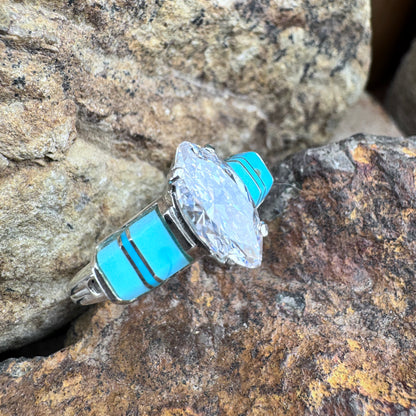 David Rosales Arizona Blue Inlaid Sterling Silver Ring with Cubic Zirconia