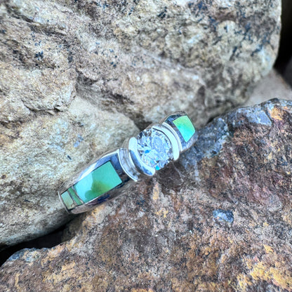 David Rosales Sonoran Gold Turquoise Inlaid Sterling Silver Ring w/ Cubic Zirconia