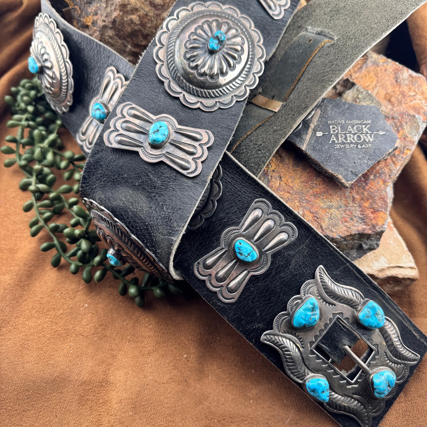Wide Vintage Navajo Turquoise Concho Belt – Circa 1970s - Estate