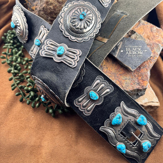 Wide Vintage Navajo Turquoise Concho Belt – Circa 1970s - Estate