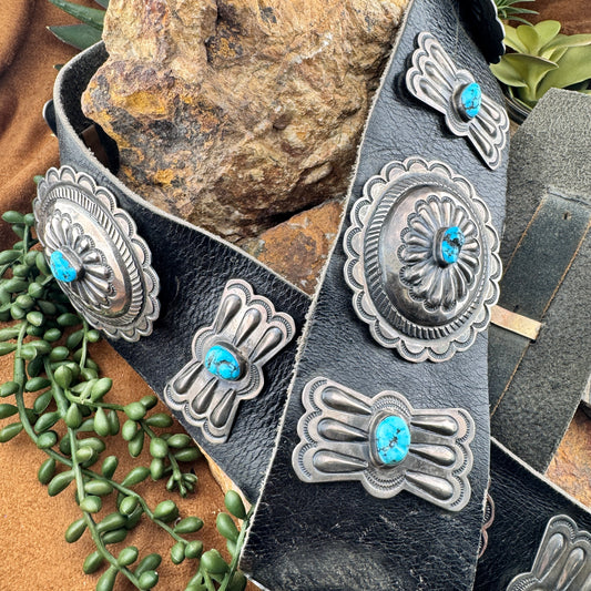 Wide Vintage Navajo Turquoise Concho Belt – Circa 1970s - Estate