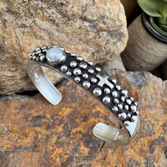Million Drops Fresh Water Pearl with Cross Sterling Silver Bracelet Cuff by Ray Coriz