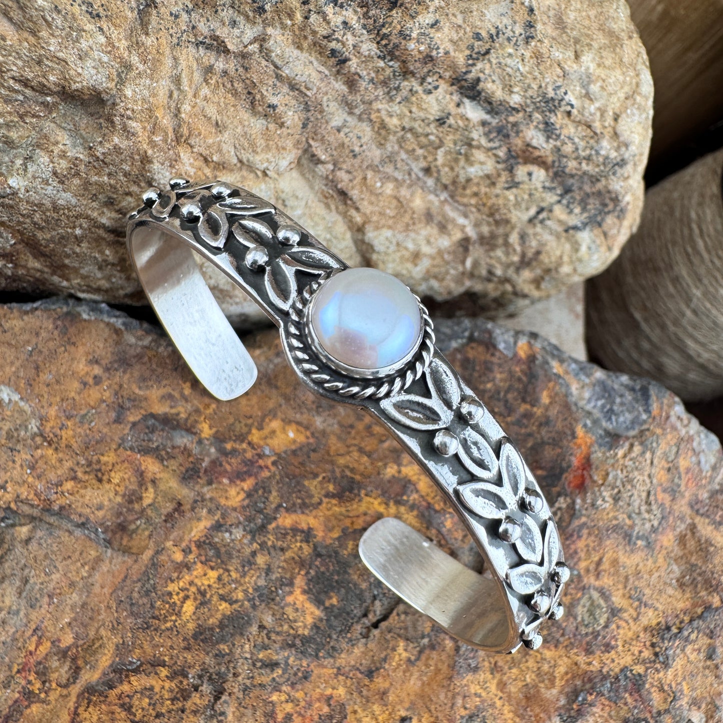 Moonstone Sterling Silver Cuff Bracelet by Ray Coriz
