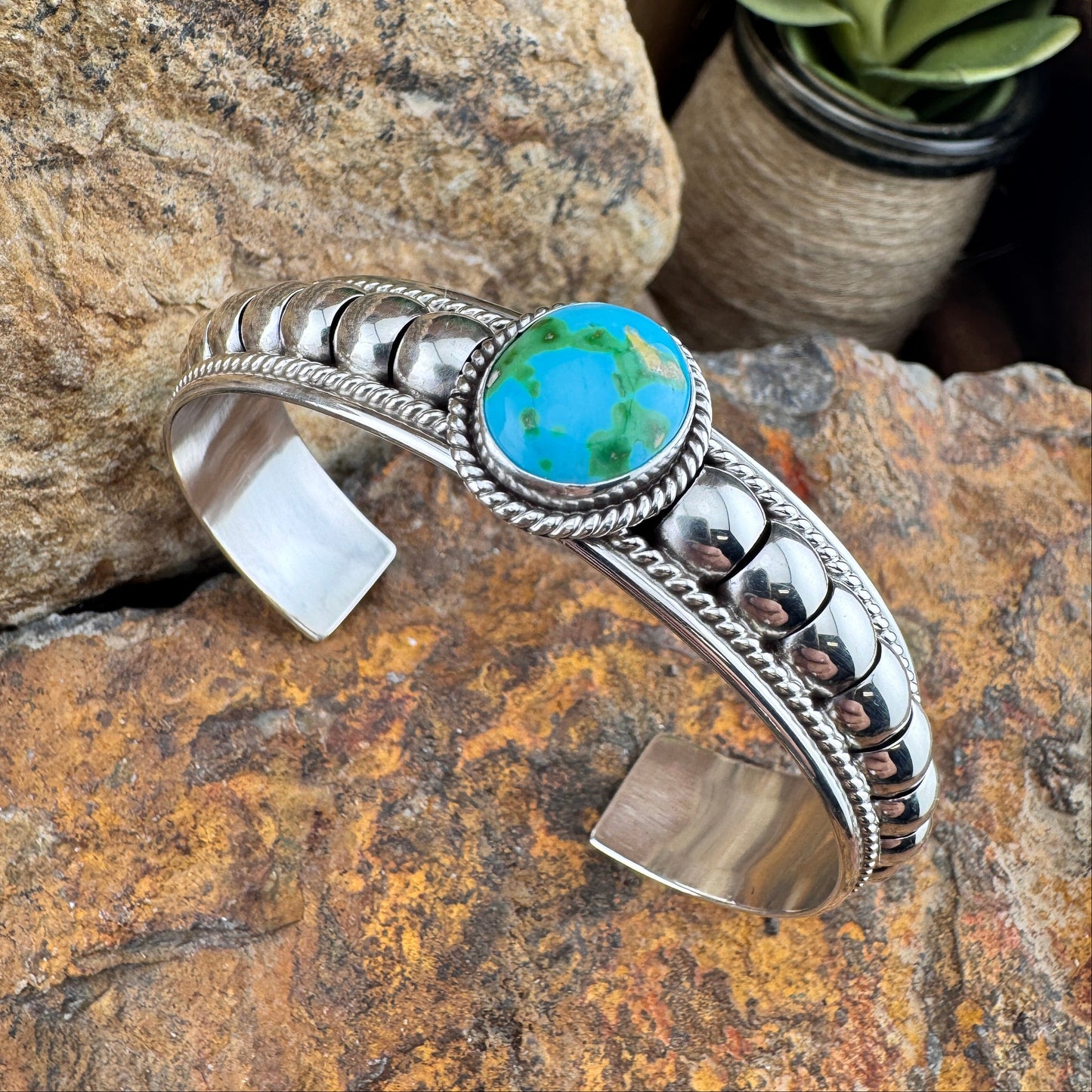 Sonoran Gold Turquoise Sterling Silver Cuff Bracelet by Tom Charlie