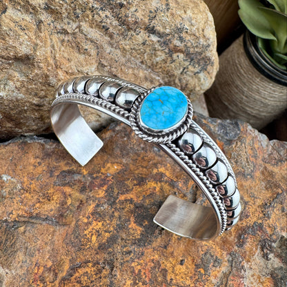White Water Kingman Turquoise Sterling Silver Cuff Bracelet by Tom Charlie