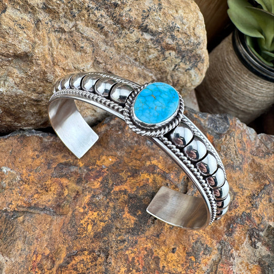 White Water Kingman Turquoise Sterling Silver Cuff Bracelet by Tom Charlie
