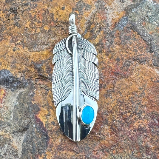 Traditional Sterling Silver Feather Pendant with Kingman Turquoise by Angela Martin