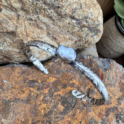Forged Sterling Silver Cuff with Fresh Water Pearl by Ray Coriz