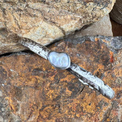 Forged Sterling Silver Cuff with Fresh Water Pearl by Ray Coriz