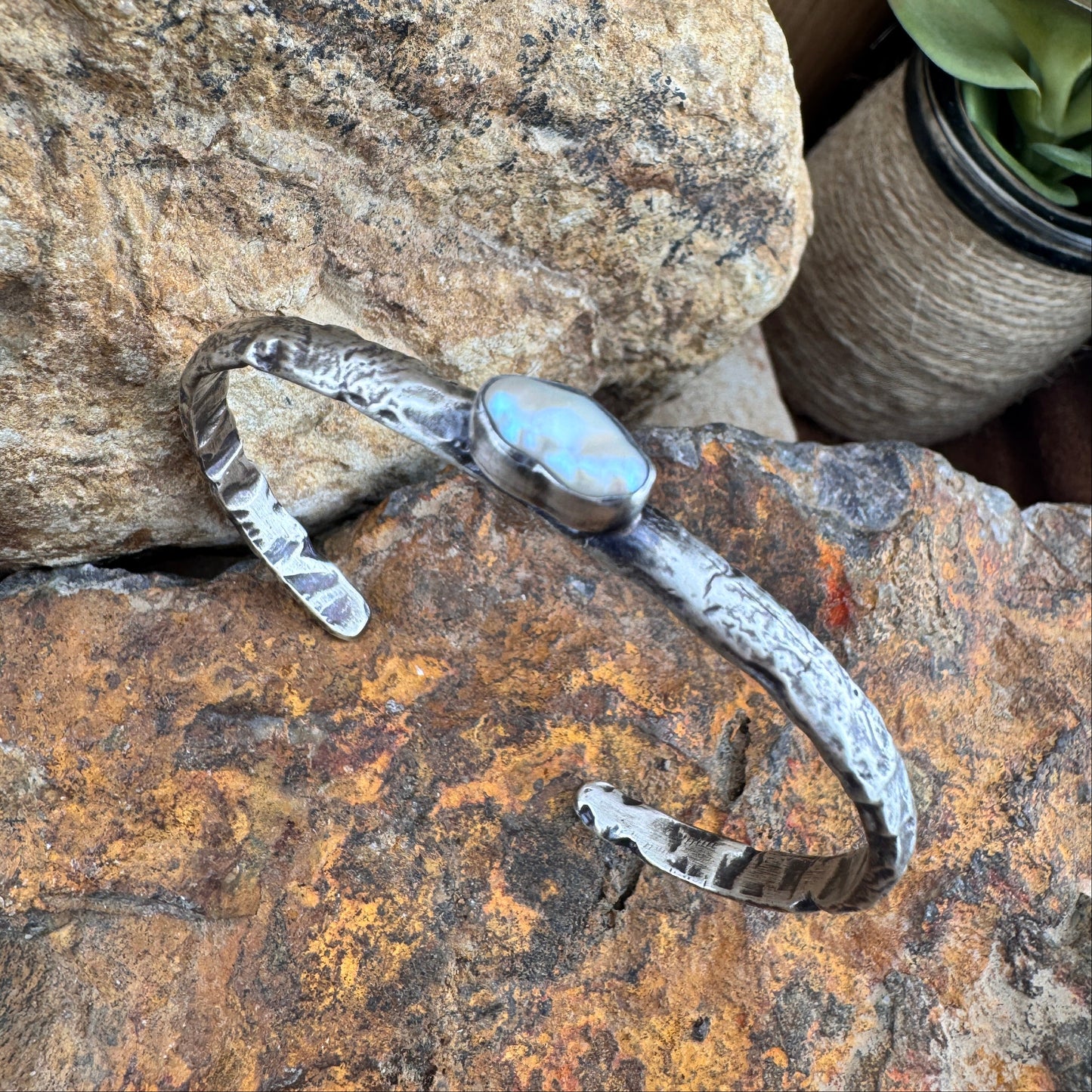 Forged Sterling Silver Cuff with Fresh Water Pearl by Ray Coriz