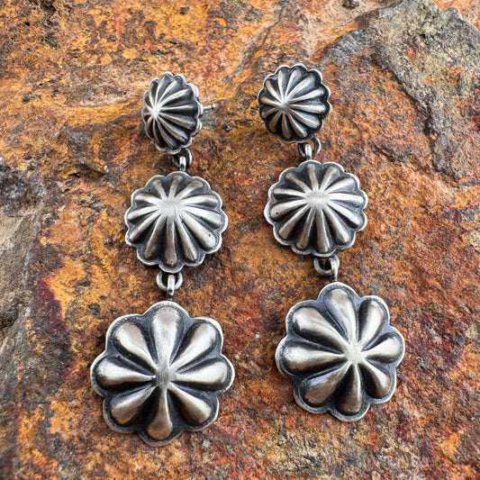 Three Tier Sterling Silver Concho Dangle Earrings by Arlene Blackgoat