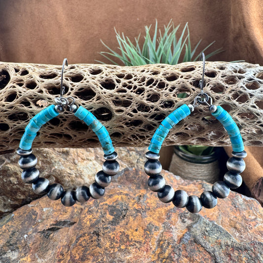 Kingman Turquoise & Navajo Pearl Sterling Silver Hoop Earrings by Ester Reano
