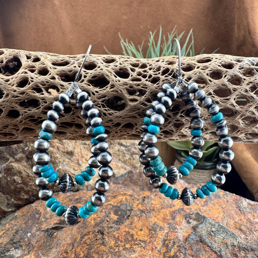 Sonoran Gold Turquoise & Navajo Pearl Sterling Silver Hoop Earrings by Ester Reano