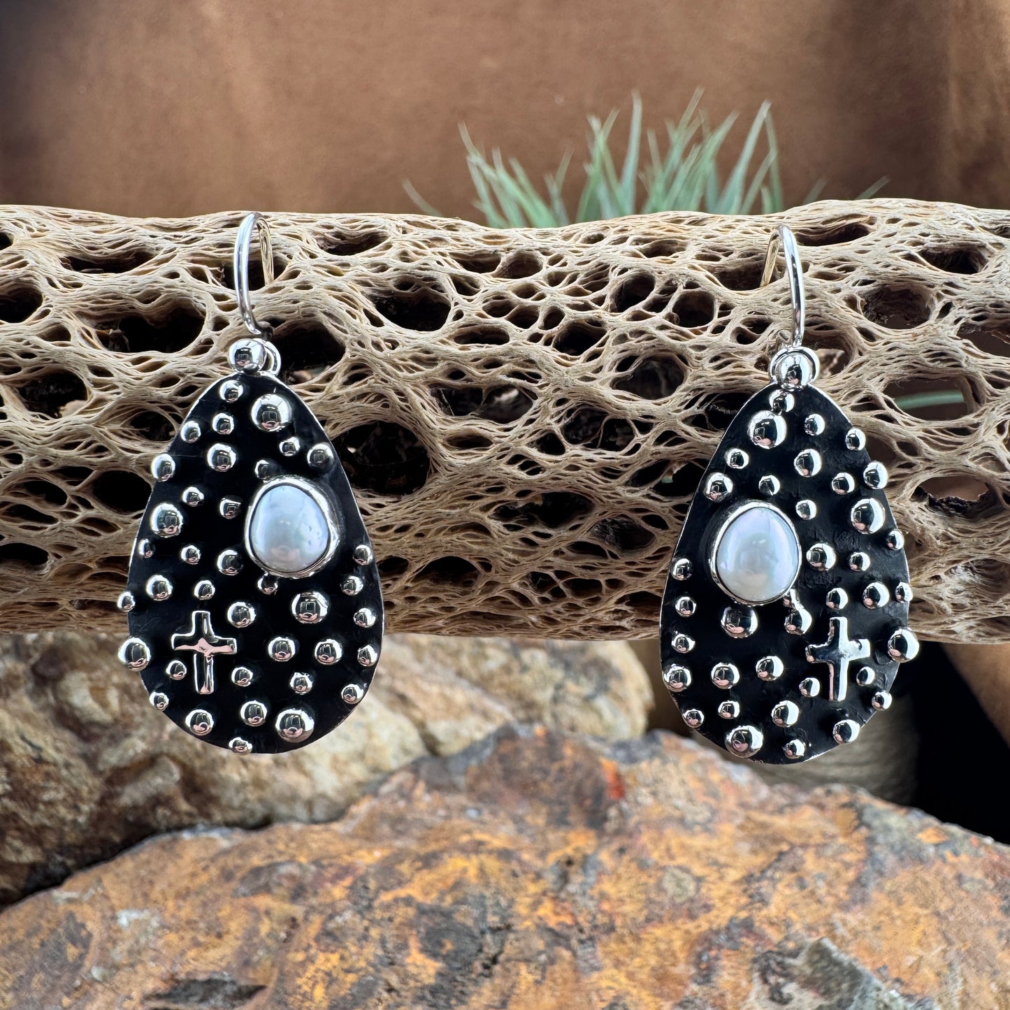 Million Drops Fresh Water Pearl w/ Cross Sterling Silver Earrings by Akee Douglas