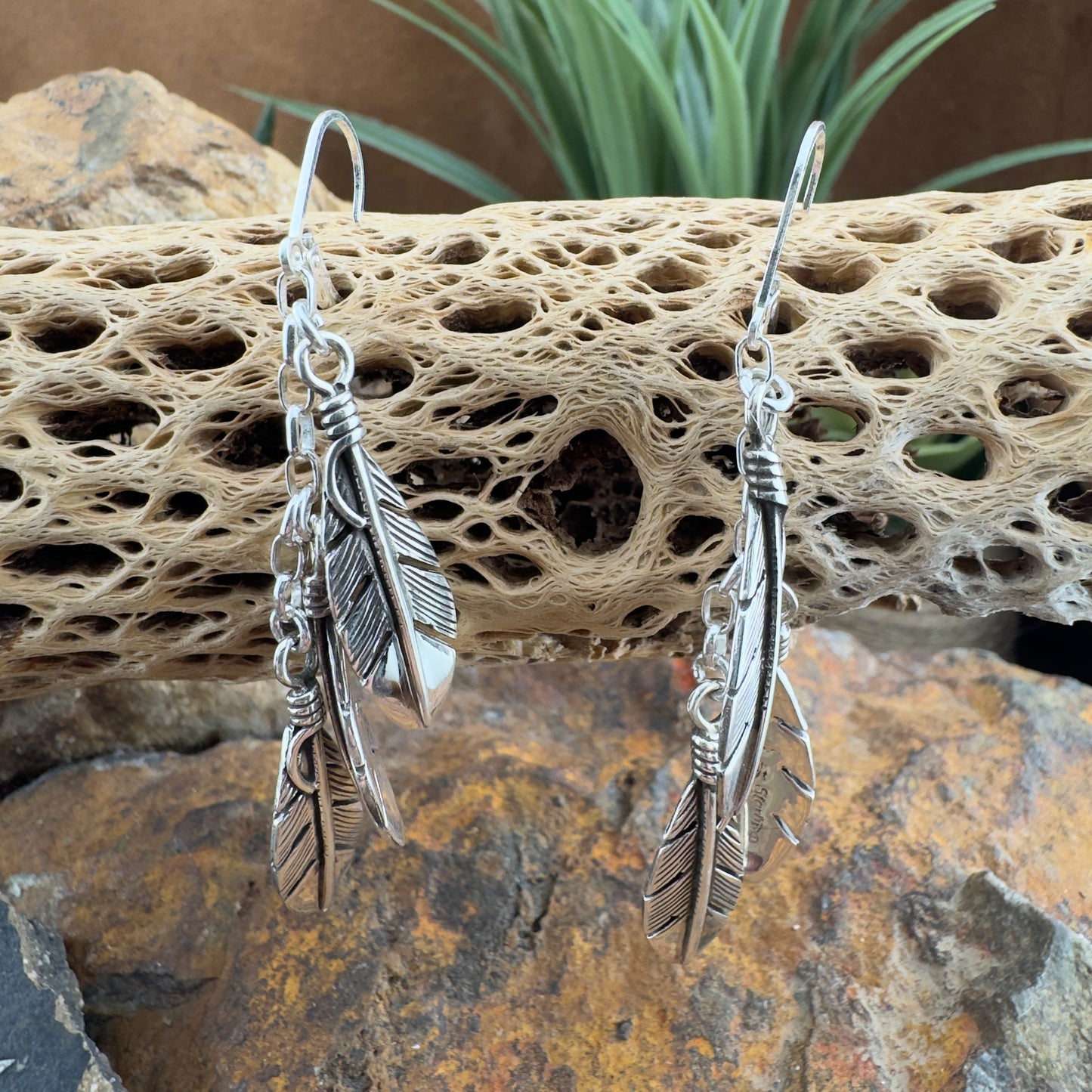 3 Tier Dangle Feather Cluster Earrings by Ray Coriz