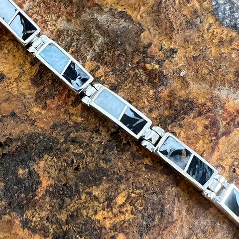 David Rosales White Buffalo Inlaid Sterling Silver Link Bracelet