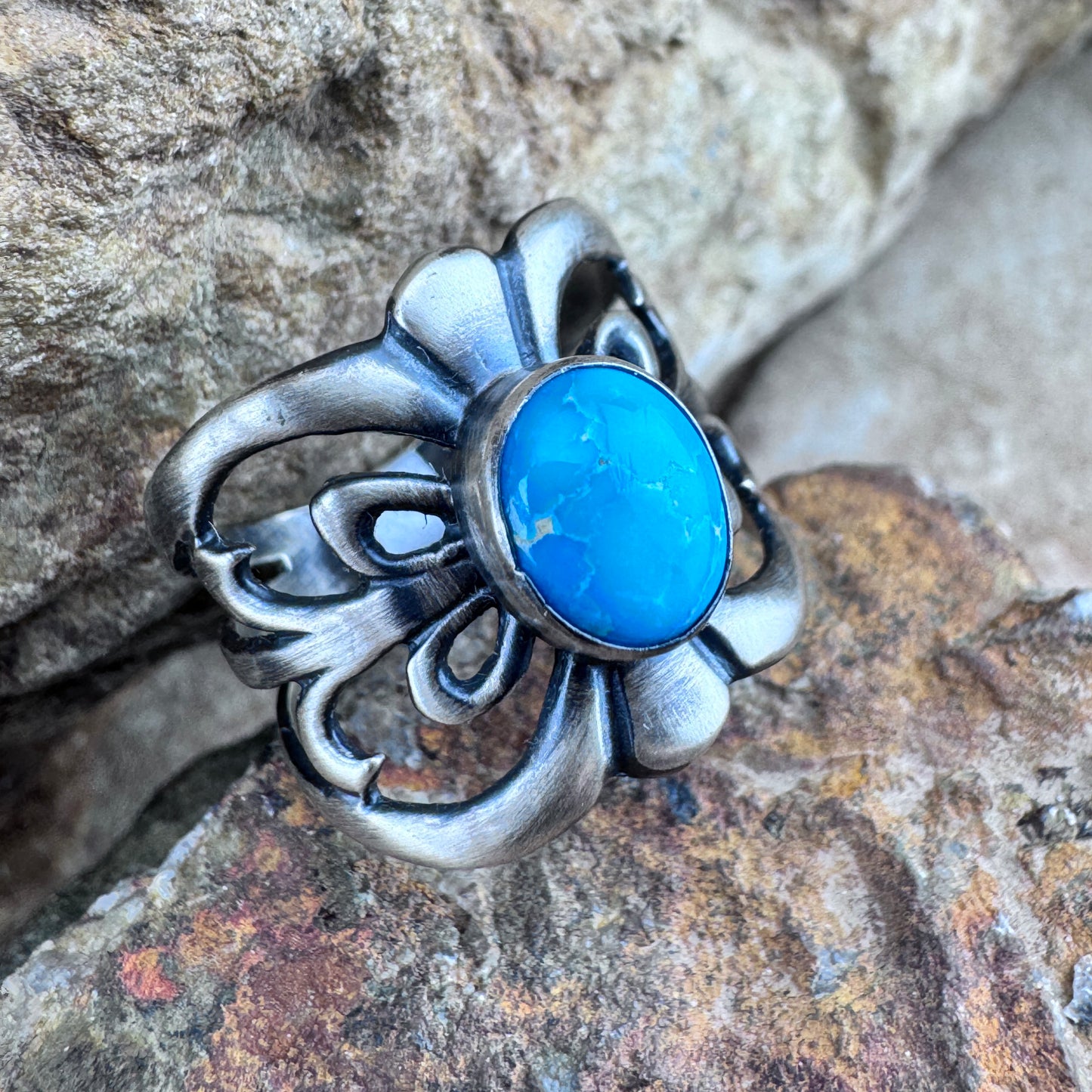 Kingman Turquoise Sterling Silver Ring by Ray Coriz - Size 9