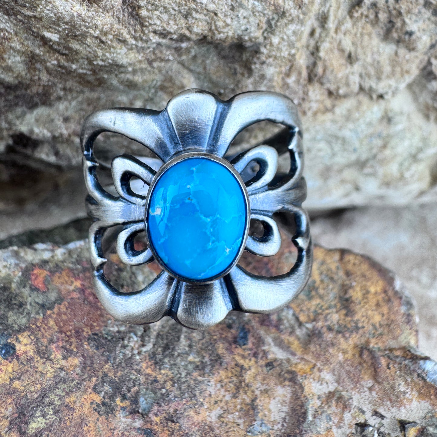 Kingman Turquoise Sterling Silver Ring by Ray Coriz - Size 9