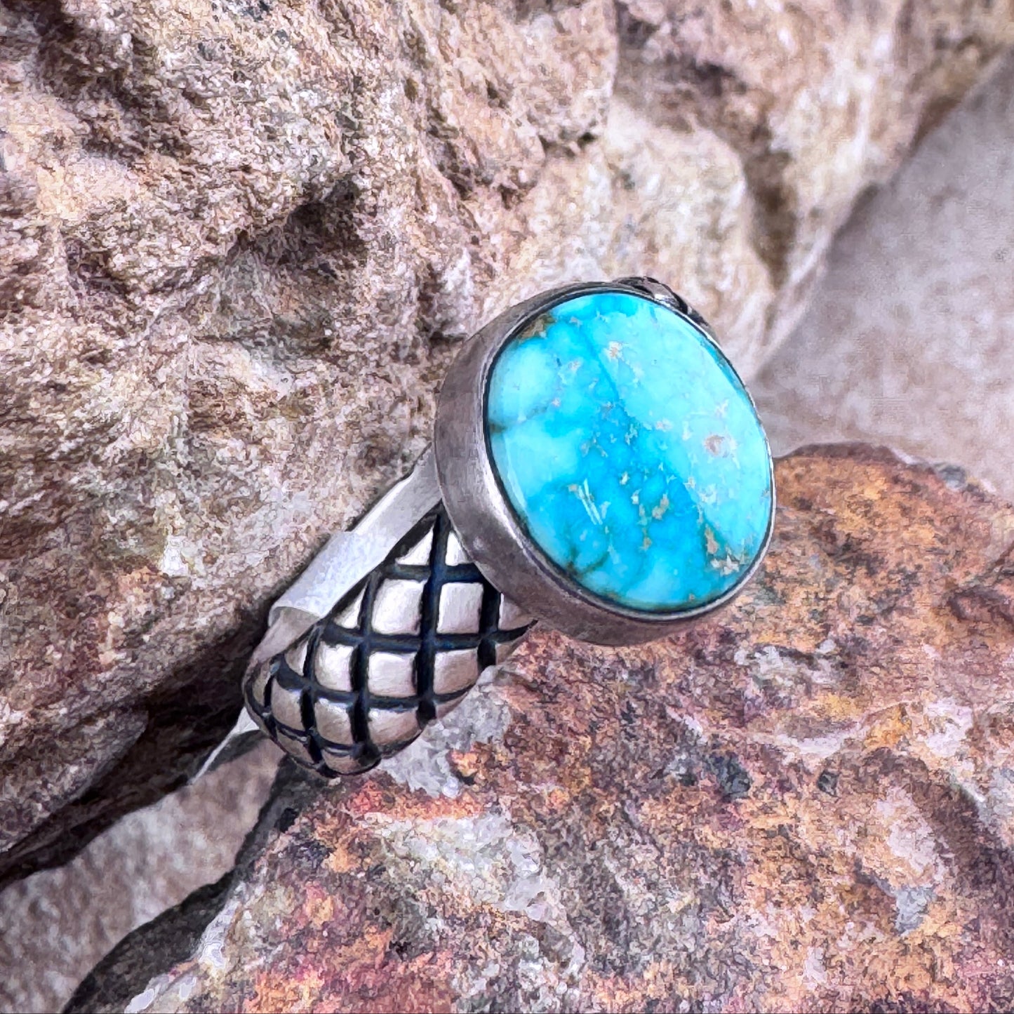 Red Spider Web Turquoise Sterling Silver Ring by Ray Coriz - Size 8 1/2