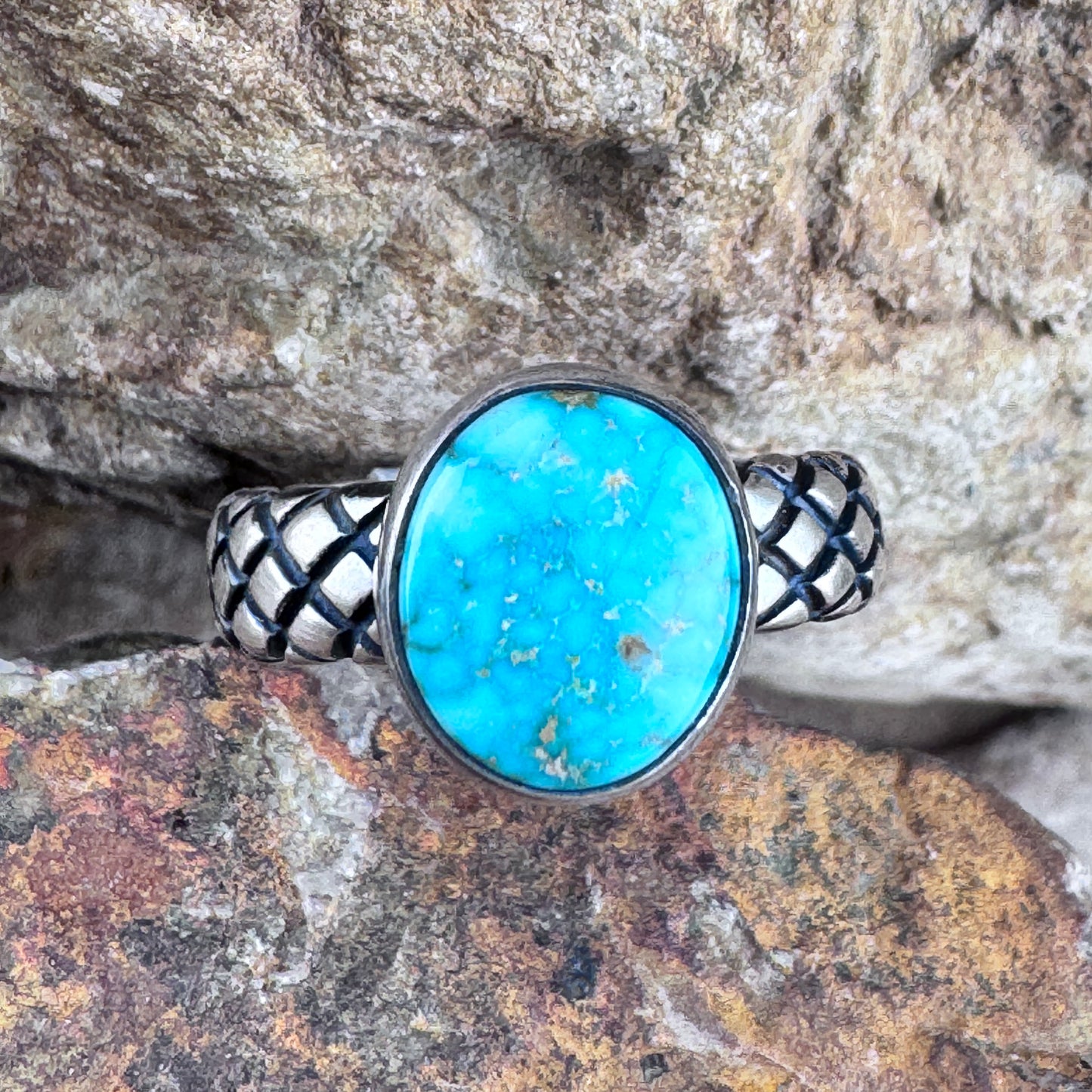 Red Spider Web Turquoise Sterling Silver Ring by Ray Coriz - Size 8 1/2
