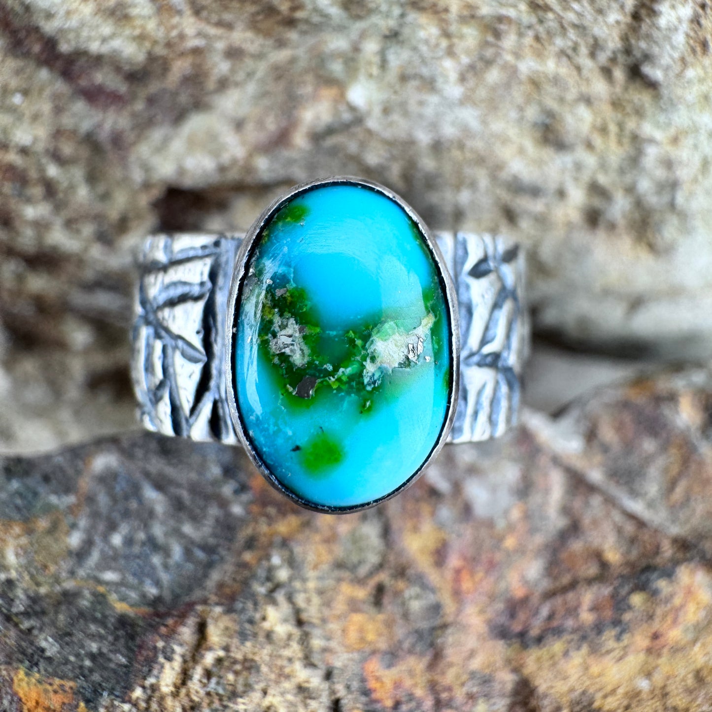 Sonoran Gold Turquoise Sterling Silver Ring by Ray Coriz - Size 7