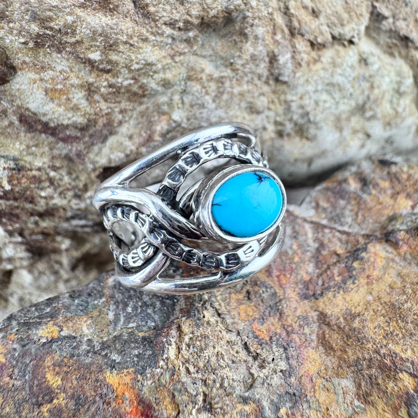 Kingman Turquoise Sterling Silver Ring by Ray Coriz - Size 8 1/2