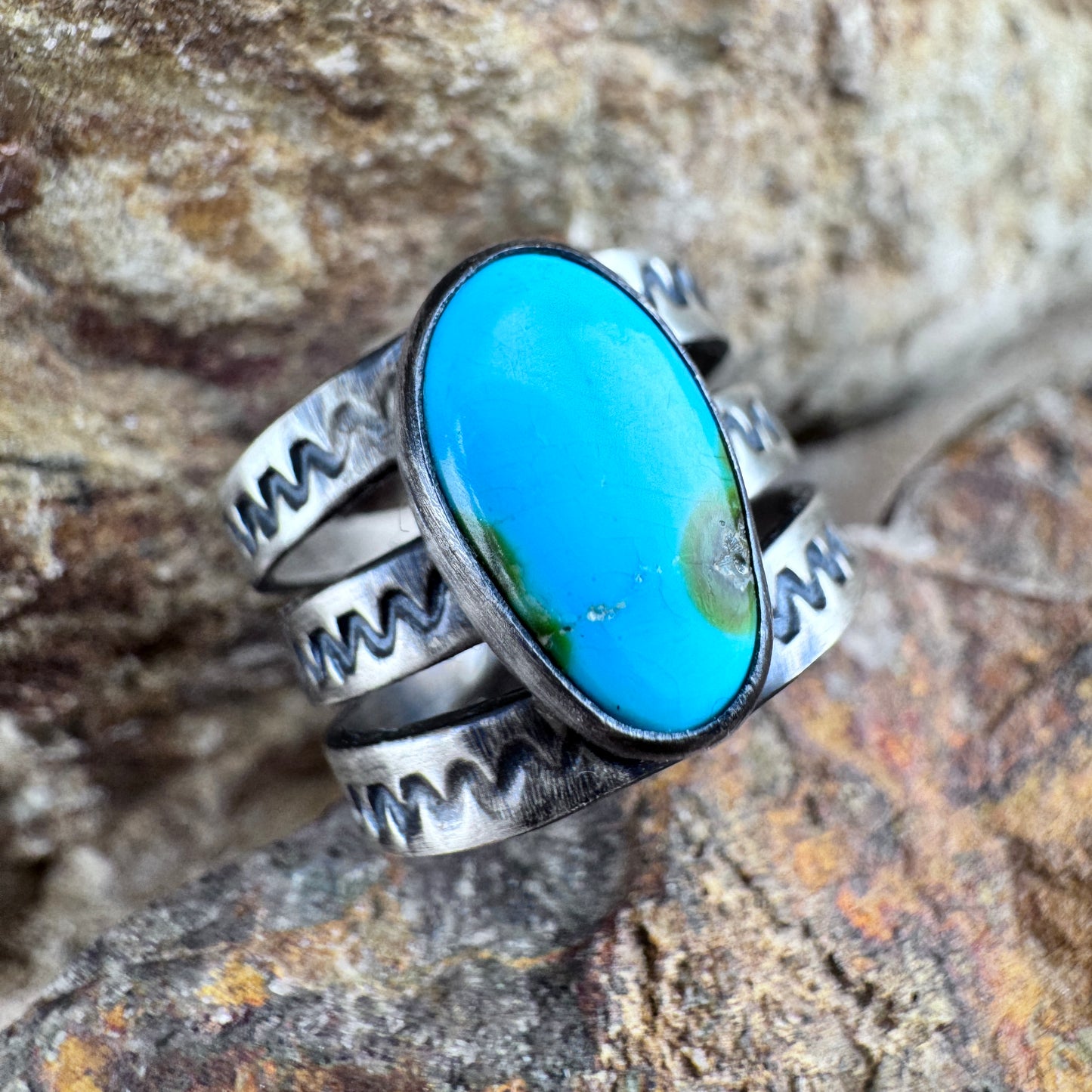 Sonoran Gold Turquoise Sterling Silver Ring by Ray Coriz - Size 8 1/2