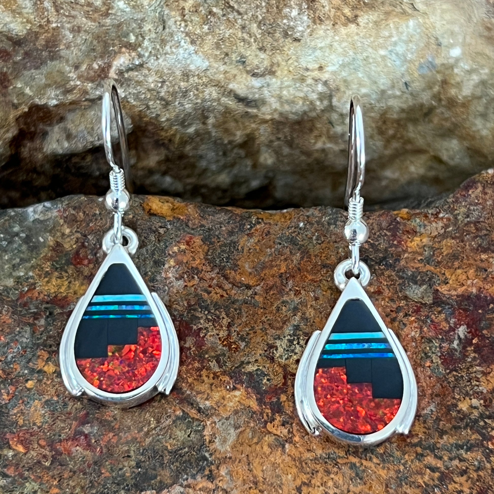 David Rosales Red Moon Fancy Inlaid Sterling Silver Earrings
