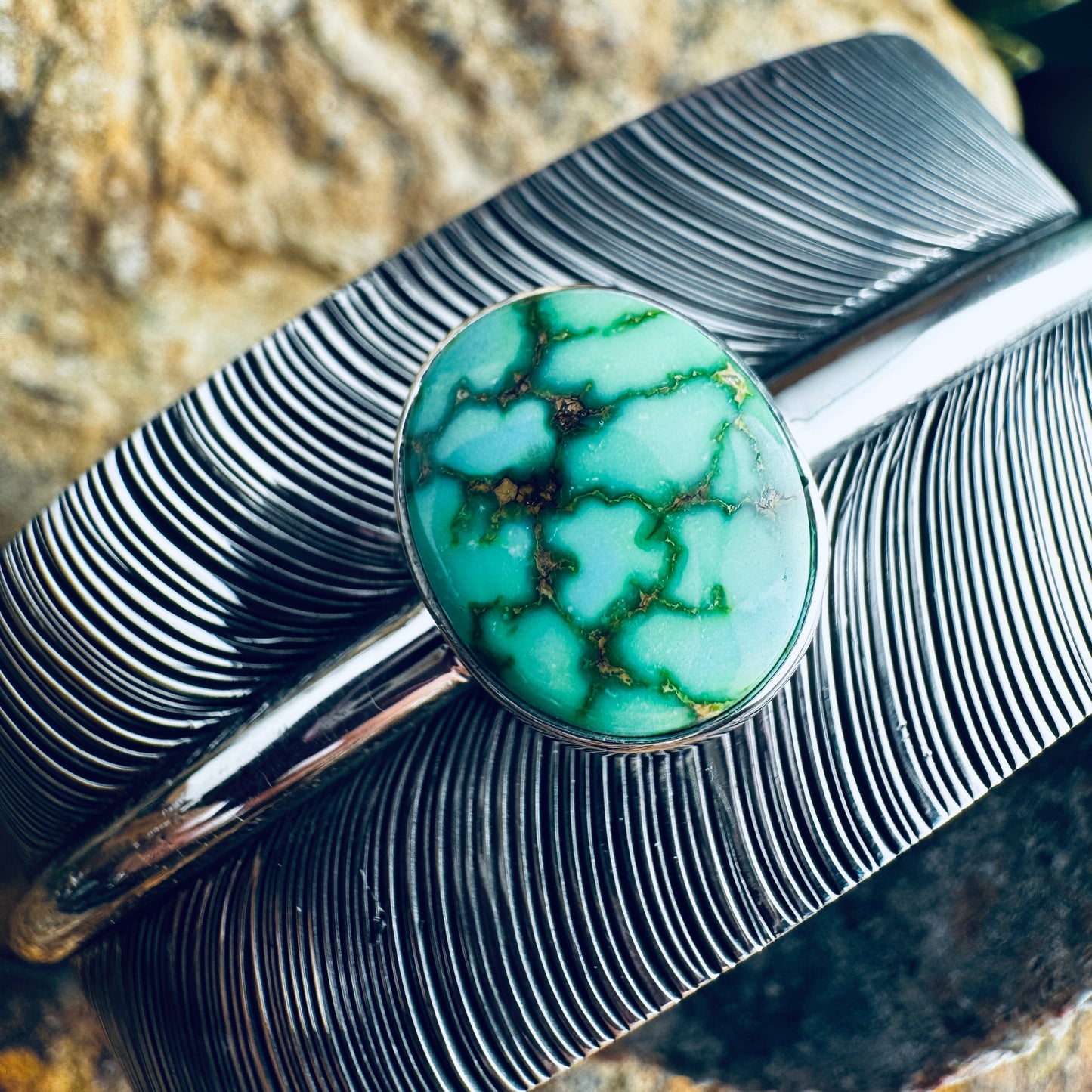 Sterling Silver Feather Cuff Bracelet w/ Royston Turquoise by Angela Martin