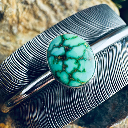 Sterling Silver Feather Cuff Bracelet w/ Royston Turquoise by Angela Martin