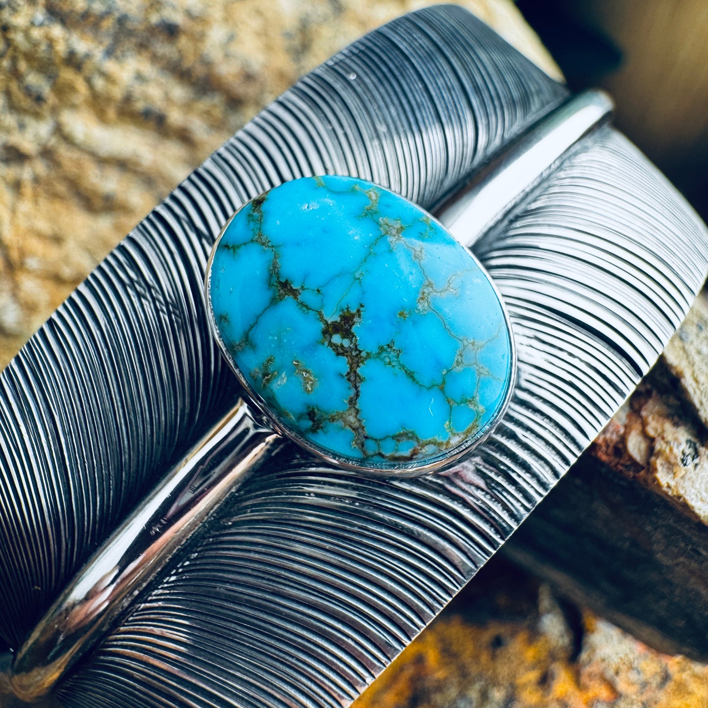 Sterling Silver Feather Cuff Bracelet w/ Kingman Turquoise by Angela Martin