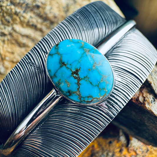 Sterling Silver Feather Cuff Bracelet w/ Kingman Turquoise by Angela Martin