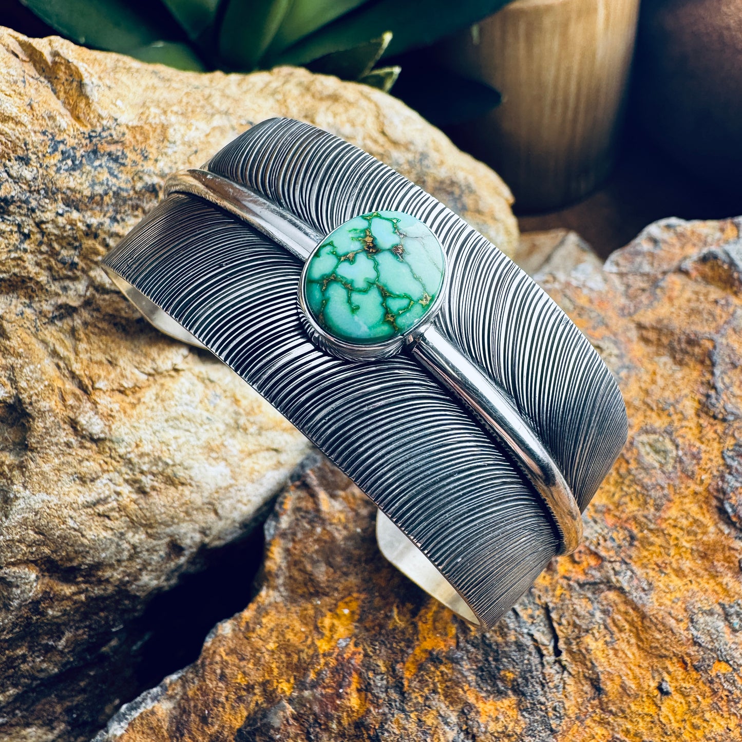 Sterling Silver Feather Cuff Bracelet w/ Royston Turquoise by Angela Martin