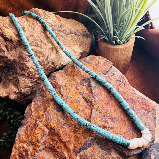 Vintage 23" Single Strand Turquoise and Shell Heishi Beaded Necklace - Estate
