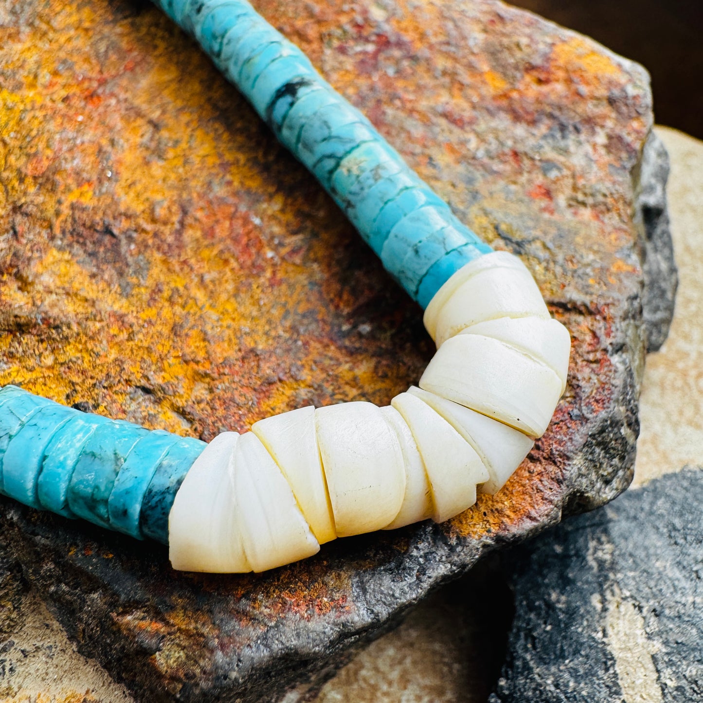 Vintage 23" Single Strand Turquoise and Shell Heishi Beaded Necklace - Estate