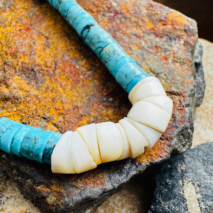 Vintage 23" Single Strand Turquoise and Shell Heishi Beaded Necklace - Estate