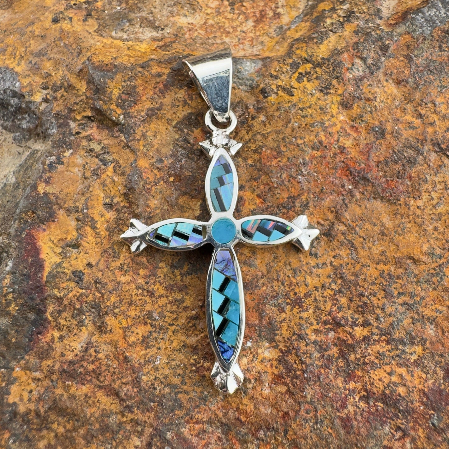 David Rosales Stardust Inlaid Sterling Silver Pendant Cross