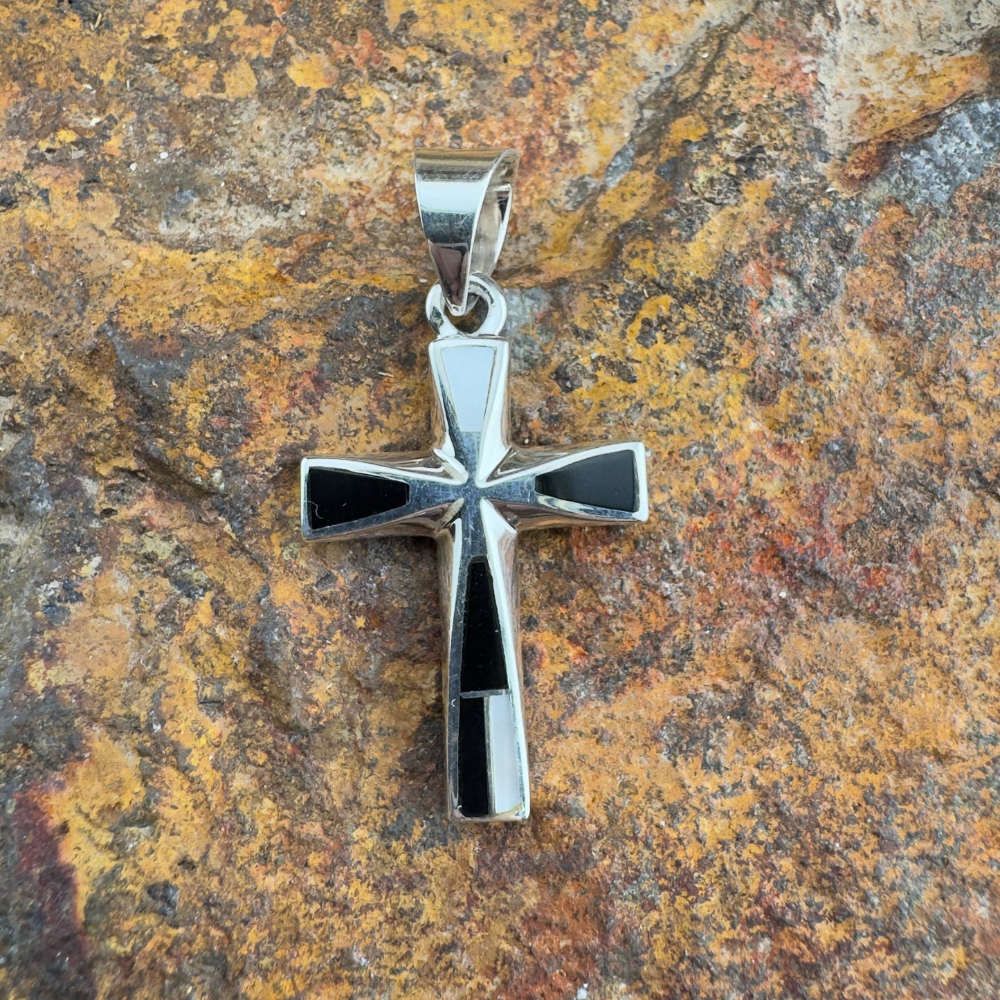 David Rosales Tuxedo Inlaid Sterling Silver Pendant Cross