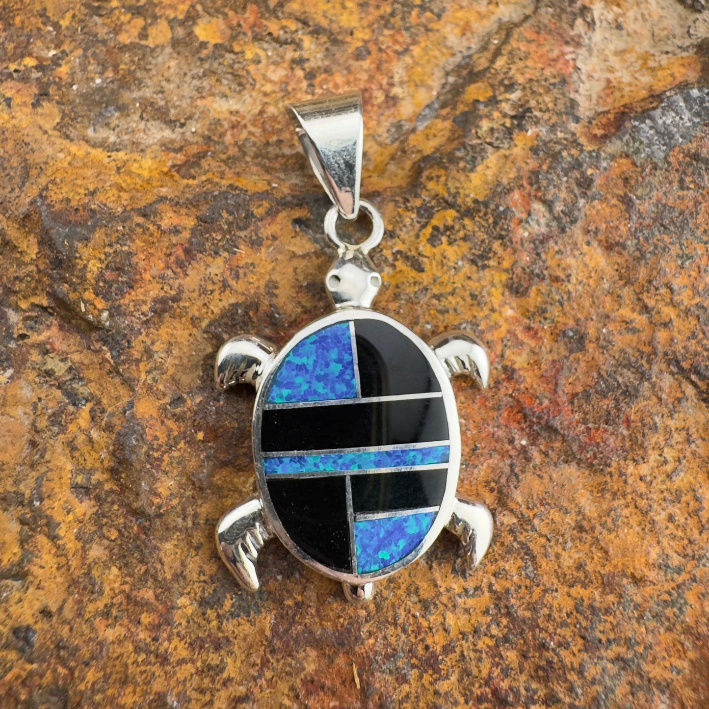 David Rosales Black Beauty Inlaid Sterling Silver Pendant Turtle