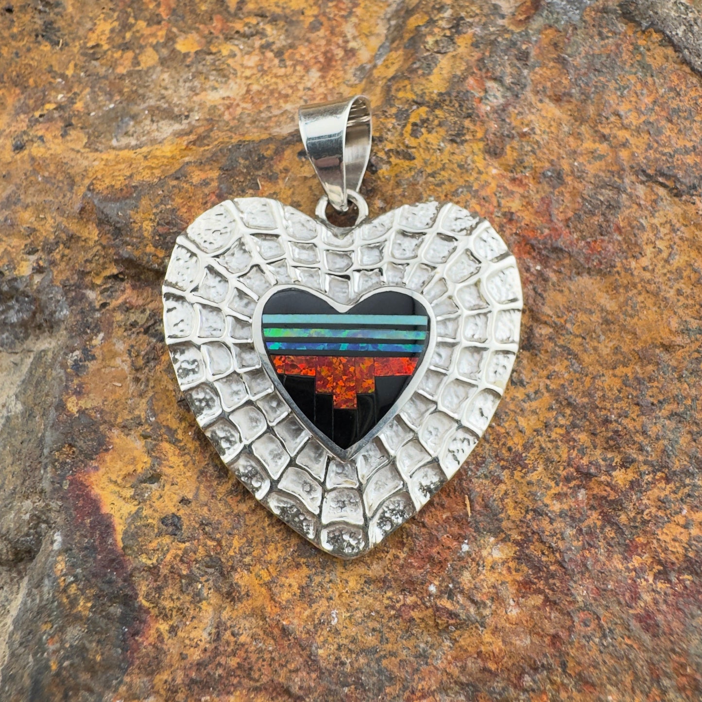 David Rosales Red Moon Inlaid Sterling Silver Pendant Heart