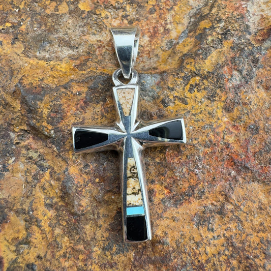 David Rosales Native Lite Inlaid Sterling Silver Pendant Cross