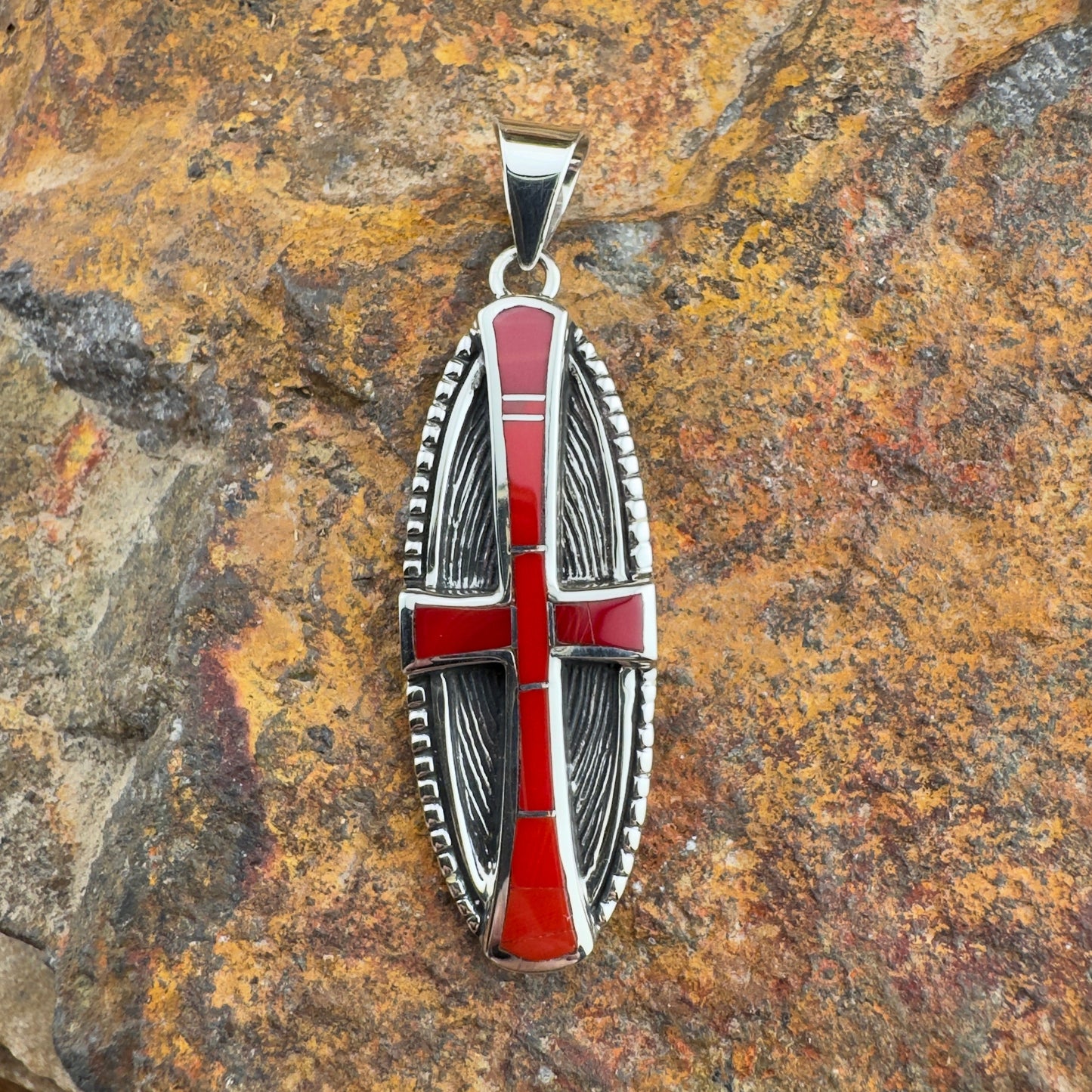 David Rosales Rosarita Inlaid Sterling Silver Pendant Cross & Shield