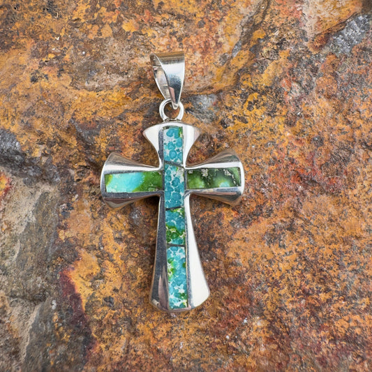 David Rosales Sonoran Gold Turquoise Inlaid Sterling Silver Pendant Cross
