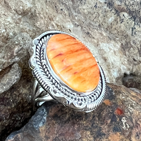Spiny Oyster Sterling Silver Ring by Artie Yellowhorse Size 7.5